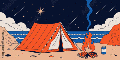 Tent and bonfire on a sandy beach under a starry night sky with meteors and ocean waves crashing. featuring camping, campfire, stars with meteor