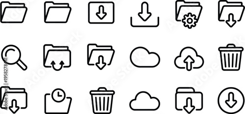File & folder icon set, cloud folder, shared folder, locked folder, search file, edit file, copy file, trash bin symbols, thin line vector illustration for UI and web apps.