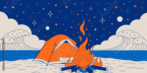 Tent and campfire illustration on a sandy beach under a starry night sky with crashing waves. featuring camping, stars, ocean with drawing and
