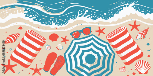 Beach umbrella and striped towels on sand with seashells and waves, creating a vibrant summer scene.