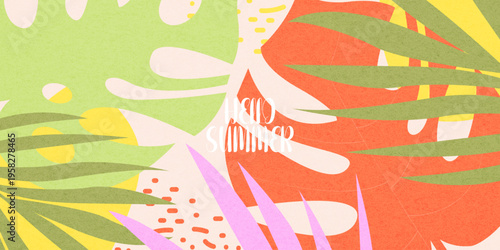 Creative concept of summer bright with abstract tropical leave background. Modern art  pattern minimalist style design. Suit for poster, cover, banner, web