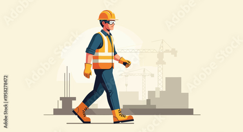 Professional Construction Worker in Safety Gear Walking on Job Site with Cranes and Building Background. Minimalist Flat Vector Illustration for Industry and Development.
