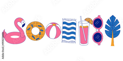 Flamingo pool float, donut, beach ball, towel, cocktail, sunglasses, and palm leaf represent summer fun and relaxation.