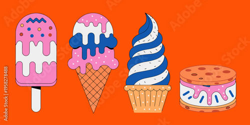 Ice cream cones in cute summer vector collection, featuring waffle cones with colorful scoops and cherry toppings on a white background.