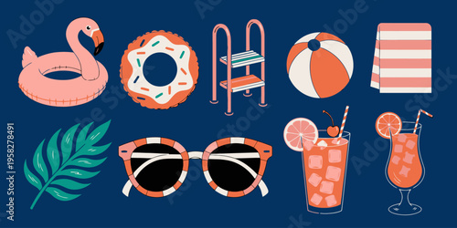 Pool party objects with flamingo float, donut, ladder, ball, towel, sunglasses, and cocktails for summer.