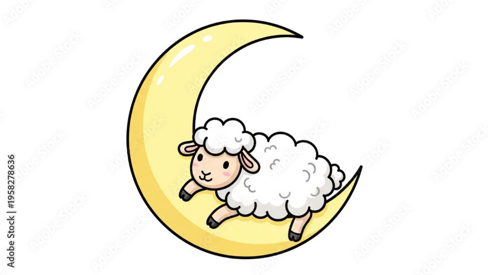 Obraz premium Cute Baby Sheep with Crescent Moon Minimal Color Illustration – Simple Farm Animal Vector