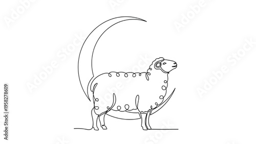 Standing Sheep with Crescent Moon Continuous Line Art – Farm Animal Night Vector Illustration