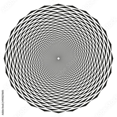 Dense polygon spiral. Geometric tunnel Vector. Vortex pattern detail. Abstract graphic shape. Manual vector only. No autotrace used.
