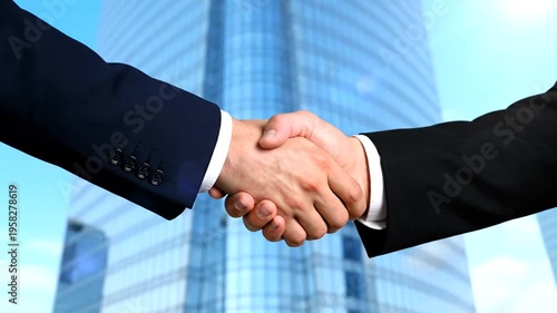 Businessmen Shaking Hands in Front Skyscraper.