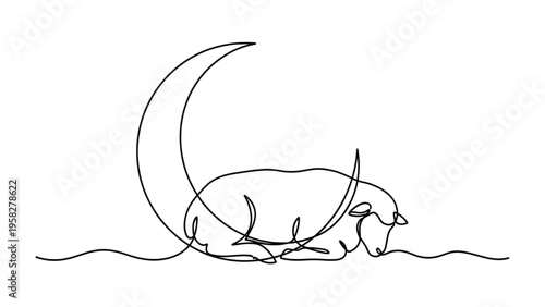 Sleeping Sheep with Crescent Moon Continuous Line Art – Calm Night Minimal Illustration