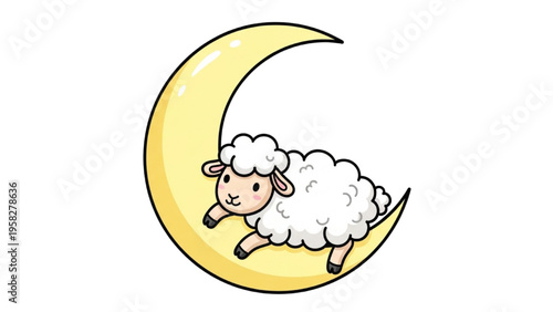Cute Baby Sheep with Crescent Moon Minimal Color Illustration – Simple Farm Animal Vector