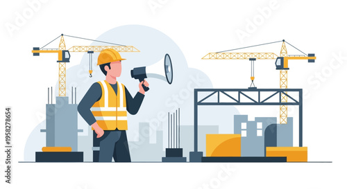 Construction Site Foreman with Megaphone and Tower Cranes Vector Illustration - Professional Builder Giving Instructions and Managing Industrial Building Project