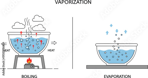 Vaporization Process Vector Diagram Showing Boiling and Evaporation with Heat Transfer, Water Molecules Movement, and Phase Change Illustration