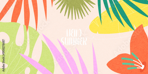 Creative concept of summer bright with abstract tropical leave background. Modern art  pattern minimalist style design. Suit for poster, cover, banner, web