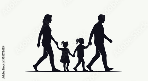 Vector silhouette of family with two children walking together