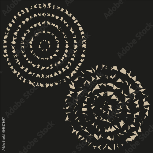 Circular pattern set. Beige textured element. Black background Vector. Abstract round shape. Manual vector only. No autotrace used.