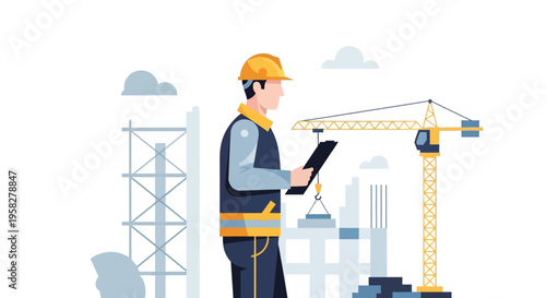 Construction Engineer with Clipboard at Building Site Illustration - Professional Site Manager in Hard Hat Overseeing Urban Development Project with Crane Background