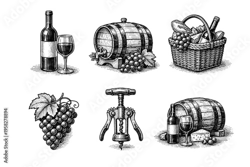 Vintage wine set in black and white engraved illustration style with bottle glass barrel corkscrew grapes and cheese pairing