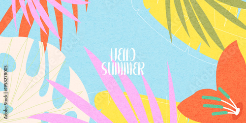 Creative concept of summer bright with abstract tropical leave background. Modern art  pattern minimalist style design. Suit for poster, cover, banner, web