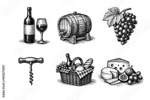 Vintage wine set in black and white engraved illustration style with bottle glass barrel corkscrew grapes and cheese pairing