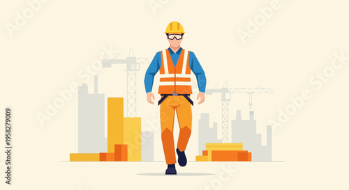 Professional Construction Worker Engineer in Safety Gear Walking Forward with Cranes and City Skyline Background, Flat Vector Design Illustration