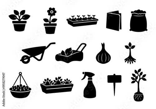 Garden Plants and Products Silhouette Set Black Vector Icons Potted Plants Seeds Fertilizer