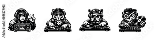 Black and white illustration of animal djs in streetwear with turntables vector art