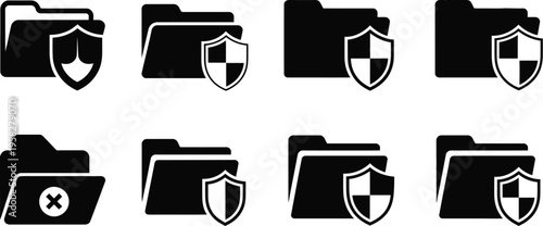 Folder icon set with security shields, locked folder symbols, data protection and privacy concepts. vector illustration