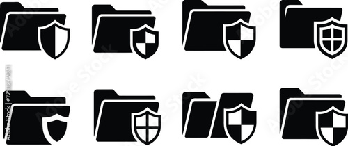 Folder icon set with security shields, locked folder symbols, data protection and privacy concepts. vector illustration