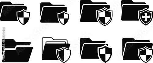 Folder icon set with security shields, locked folder symbols, data protection and privacy concepts. vector illustration