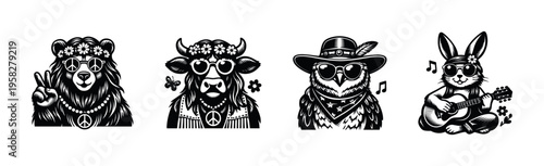 Retro animal illustrations of bear cow owl rabbit wearing sunglasses and accessories black and white vector