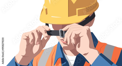 Construction Worker Putting on Yellow Hard Hat and Safety Vest - Vector Illustration of Industrial Occupational Safety and PPE Compliance