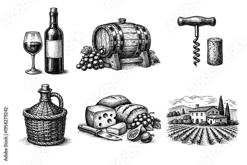 Vintage wine set in black and white engraved illustration style with bottle glass barrel corkscrew grapes and cheese pairing