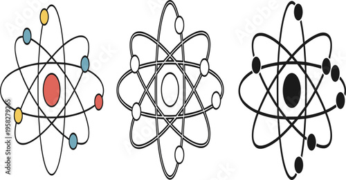 Atom Symbol Vector Set with Colorful, Outline, and Solid Style Atomic Structure Icons for Science, Physics, Education, and Technology Design