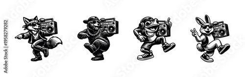 Retro animal characters with boom boxes in black and white silhouette style illustration