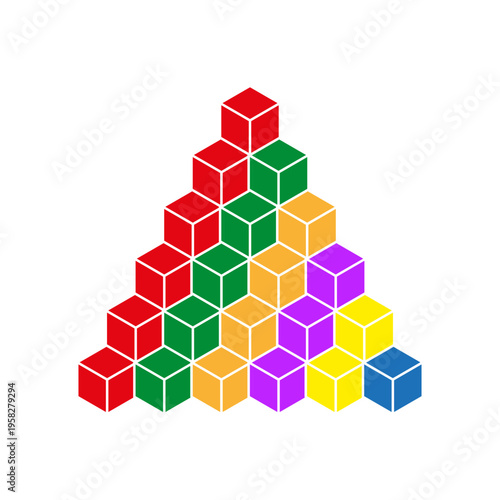 Isometric cube pyramid. Stacked block set. Colorful Vector structure. Geometric shape pile. Manual vector only. No autotrace used.