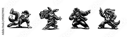 Stylized black and white vector illustration of anthropomorphic animals dancing