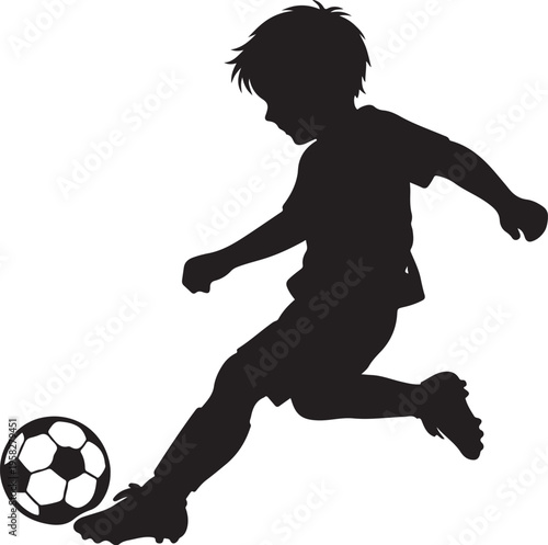  Little soccer player kicking ball during sports match silhouette vector