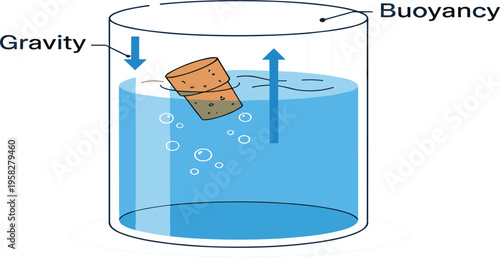 Buoyancy and Gravity Physics Vector Illustration Showing Floating Object in Water with Upward Force and Downward Gravity Arrows Diagram