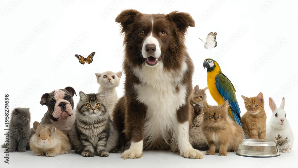 Fototapeta premium Large Group of Diverse Domestic Pets and Animals Posing on White Background 