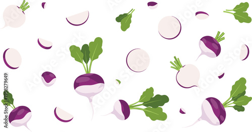 Turnip Seamless Pattern Vector with Whole and Sliced Root Vegetables, Purple and White Radish Background for Organic Food Design and Kitchen Decor Illustration