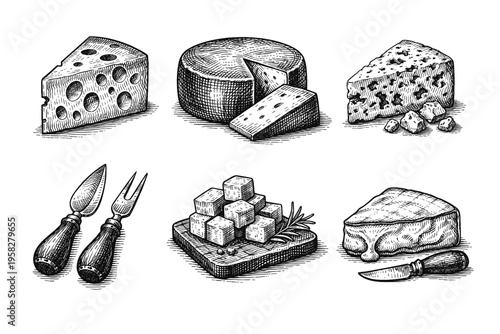Vintage cheese collection in black and white engraved illustration style with swiss cheese wheel blue cheese cheese knife and serving board