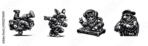 Astronaut animals in space suits, hip hop dance and music dj theme, black and white vector illustration