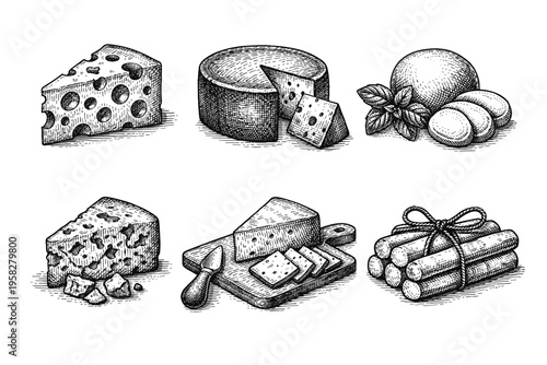 Vintage cheese collection in black and white engraved illustration style with swiss cheese wheel blue cheese cheese knife and serving board
