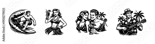 Vintage hawaiian style vector illustrations featuring surfing, hula dancer, couple, guitarist