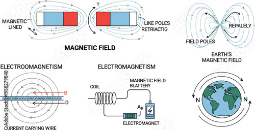 Magnetic Field and Electromagnetism Vector Diagram Set with Bar Magnet Poles, Field Lines, Current Carrying Wire, Coil Battery, and Earth Magnetism Illustration