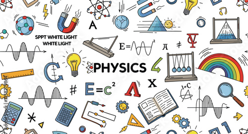 Physics Doodle Background with Scientific Formulas Light Waves Magnet and Education Symbols for School Study Poster and Vector Illustration Design