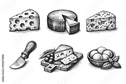Vintage cheese collection in black and white engraved illustration style with swiss cheese wheel blue cheese cheese knife and serving board