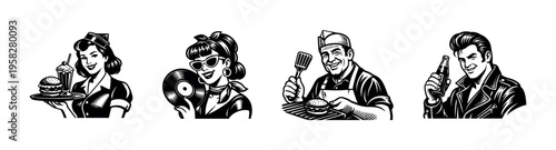 Retro black and white vector illustrations of vintage characters with burger vinyl record and soda