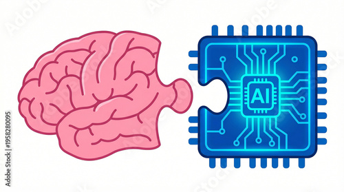 illustration of concept of human brain and AI chip puzzle